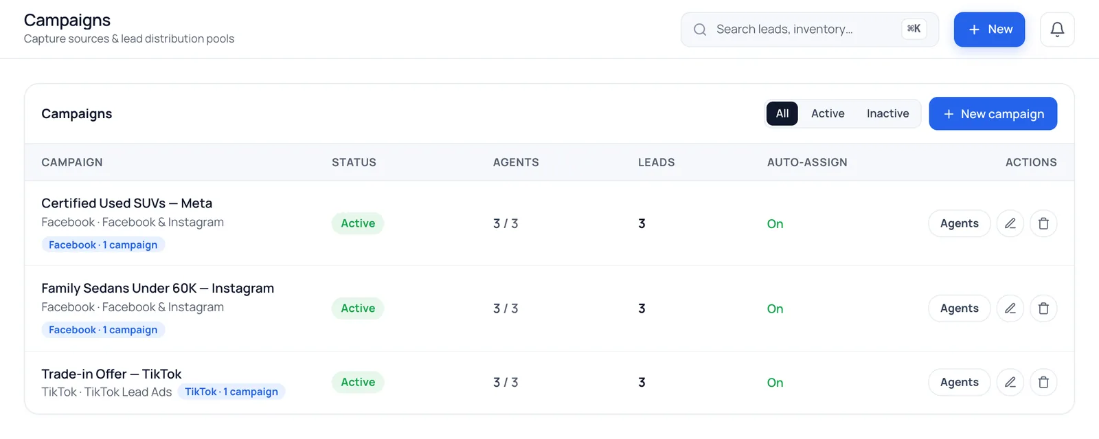 A car dealer's campaigns for used SUVs, sedans and trade-ins in BrokLeads (demo data)