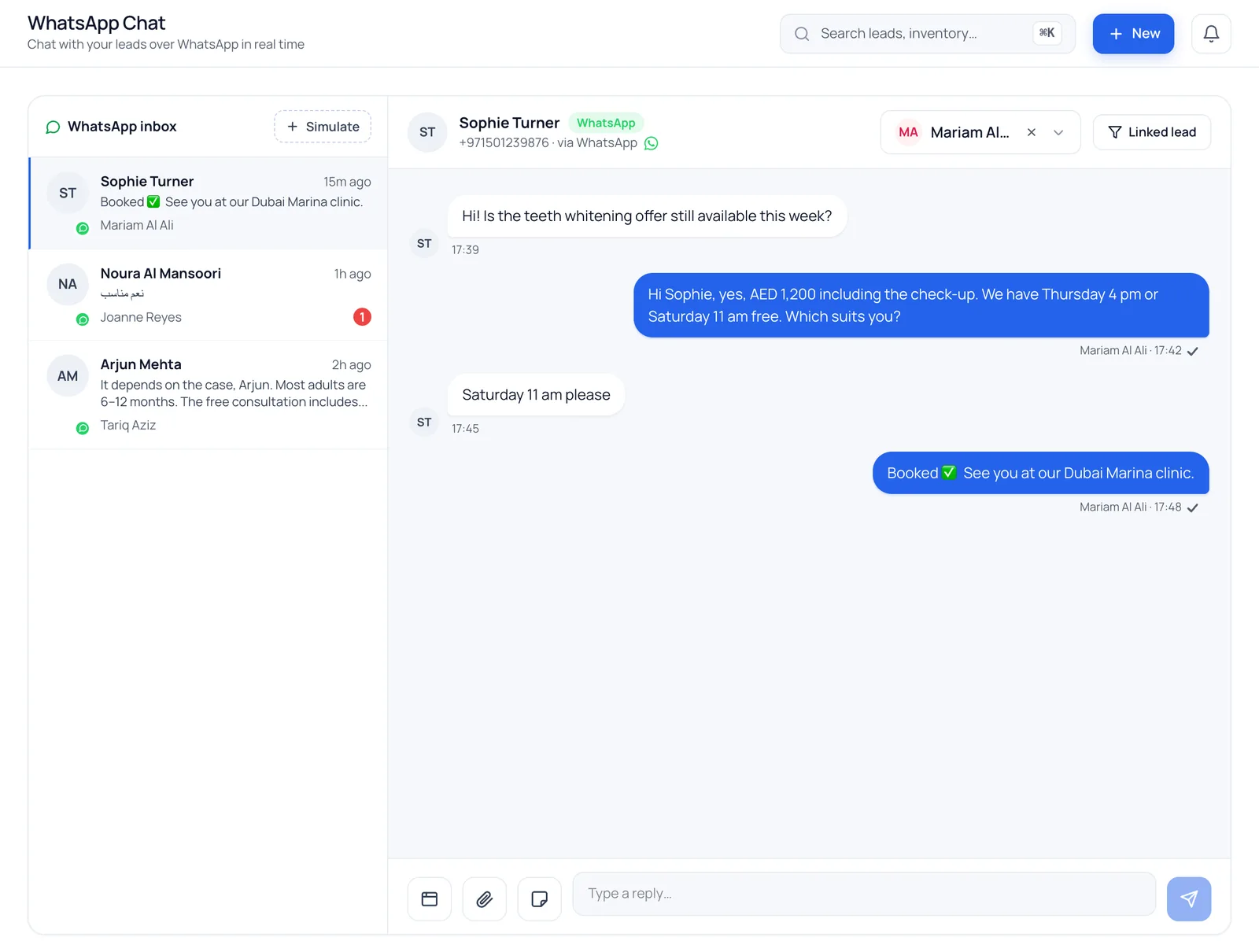 A dental clinic's WhatsApp conversations with patients in the BrokLeads inbox (demo data)