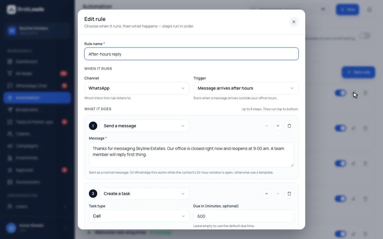 The BrokLeads rule editor for an after-hours WhatsApp rule: trigger "Message arrives after hours", a first step that sends a message and a second step that creates a call task
