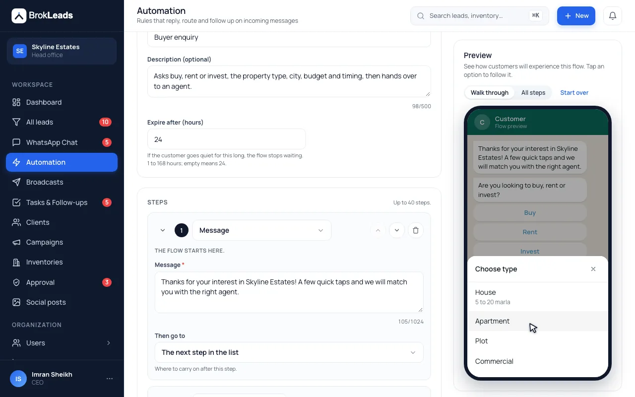The BrokLeads guided-flow editor with a phone preview of a WhatsApp conversation showing reply buttons (Buy, Rent, Invest) and a list of property types