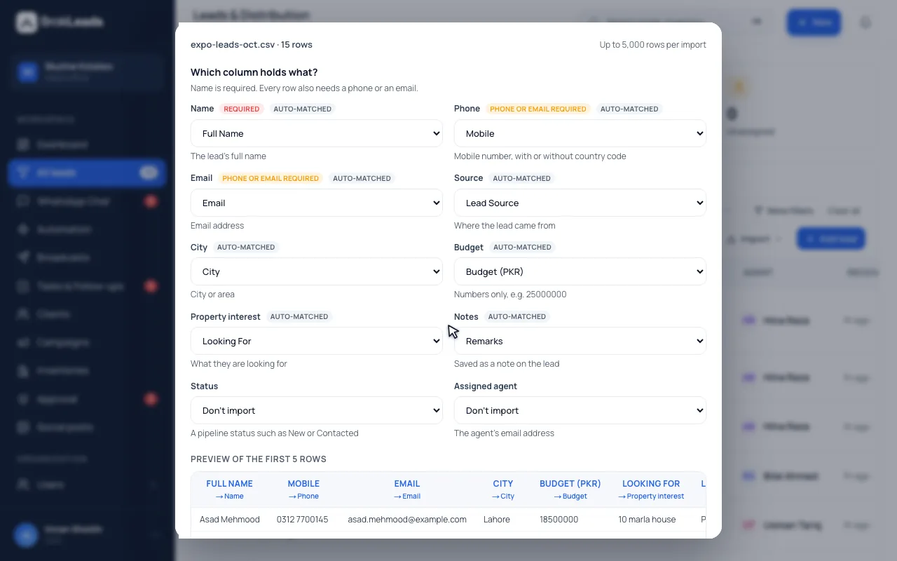 The BrokLeads lead import column-mapping step for a 15-row CSV, with name, phone, email, city and budget columns matched automatically and a preview of the first rows
