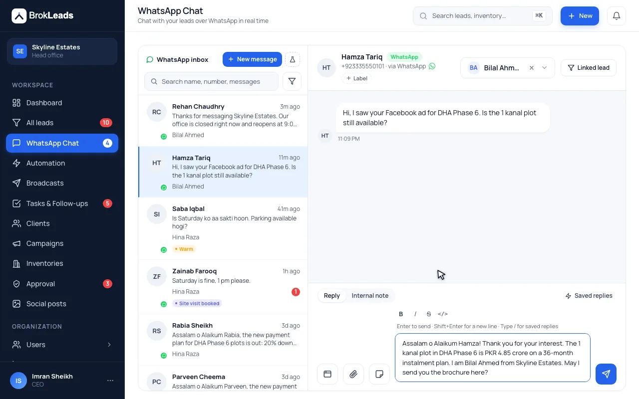 The BrokLeads WhatsApp inbox with a conversation open, a saved reply filled into the message box, Reply and Internal note tabs, and a label control under the contact name