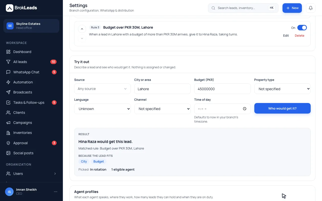 The BrokLeads lead routing page: a rule for leads in Lahore with a budget over PKR 30M, and the "Try it out" simulator showing which agent would get the lead and why