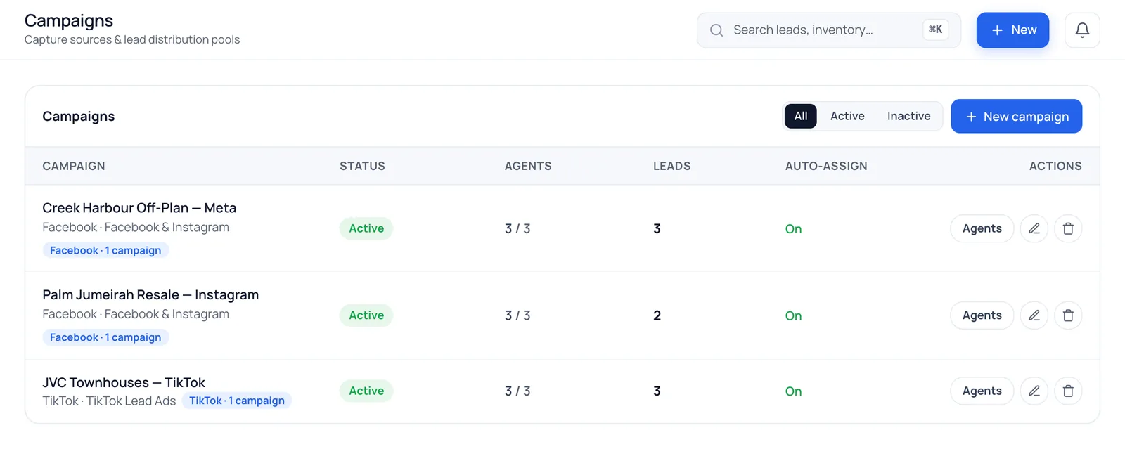 Dubai brokerage campaigns with their own agent rotations in the BrokLeads CRM