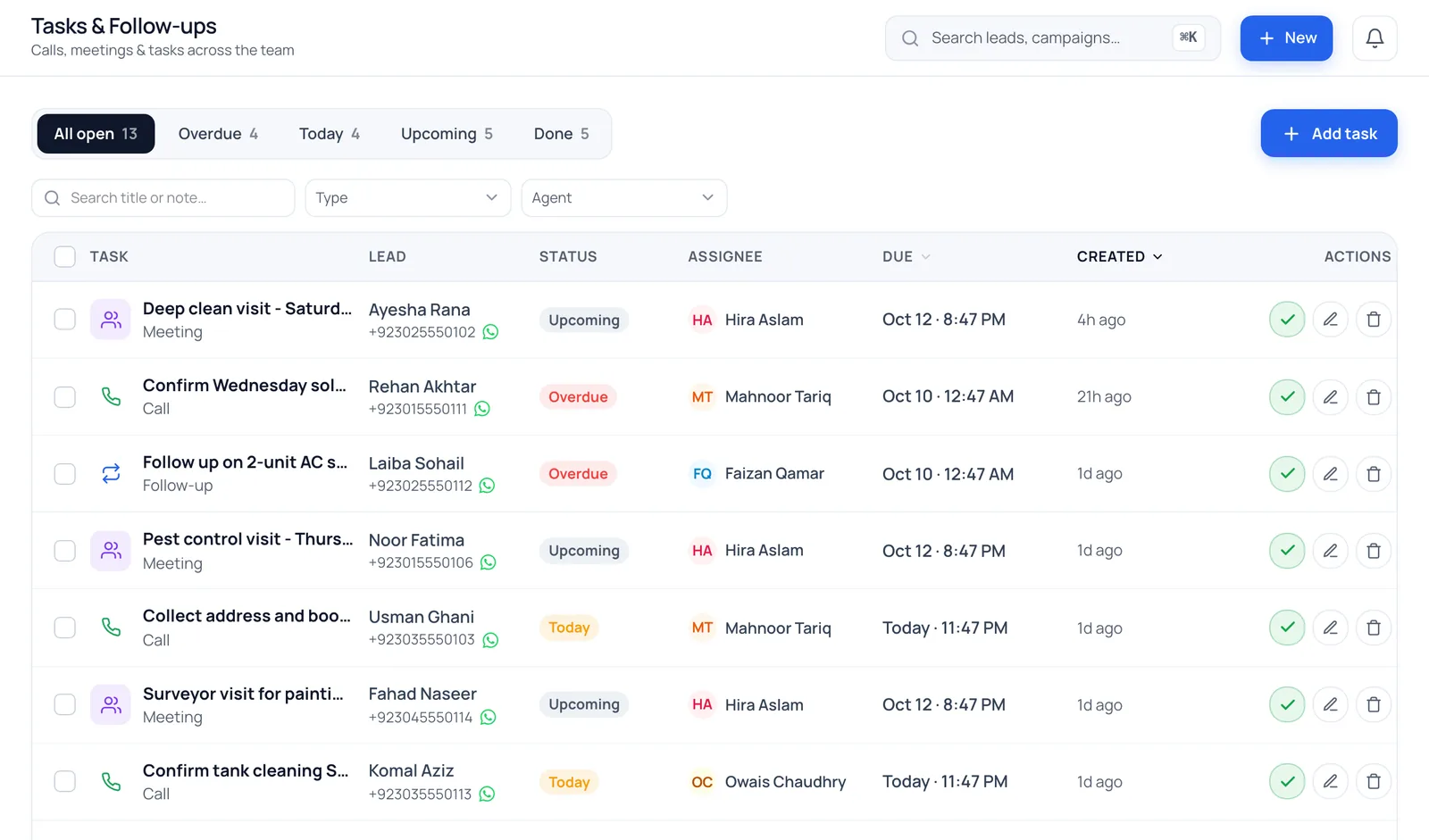 Follow-up tasks in BrokLeads: calls, meetings and follow-ups per agent for a home-services team (demo data)