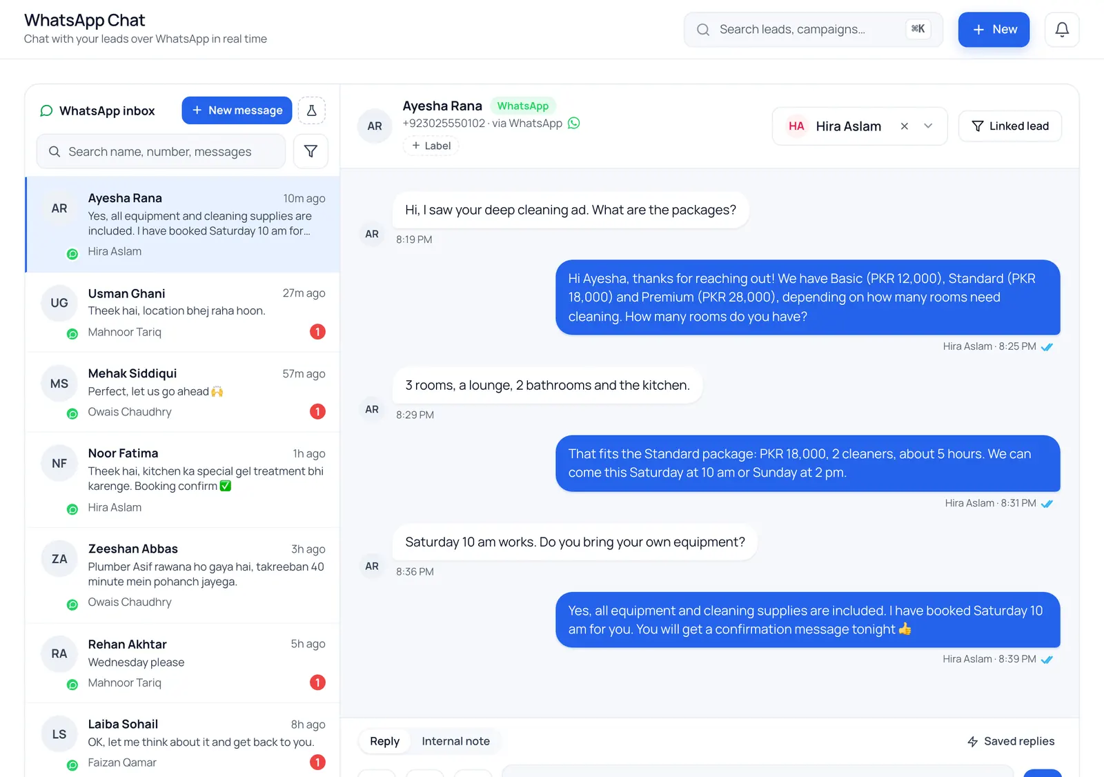 A shared WhatsApp inbox with a home-services customer's chat assigned to an agent in BrokLeads (demo data)