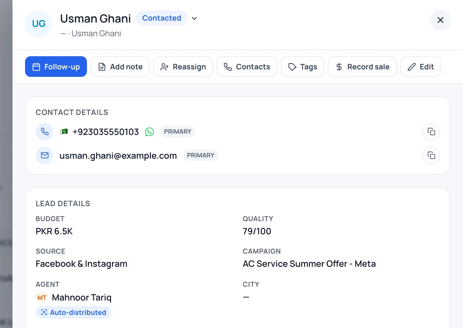 A lead record in BrokLeads with its source, campaign, assigned agent and status, from a home-services team (demo data)