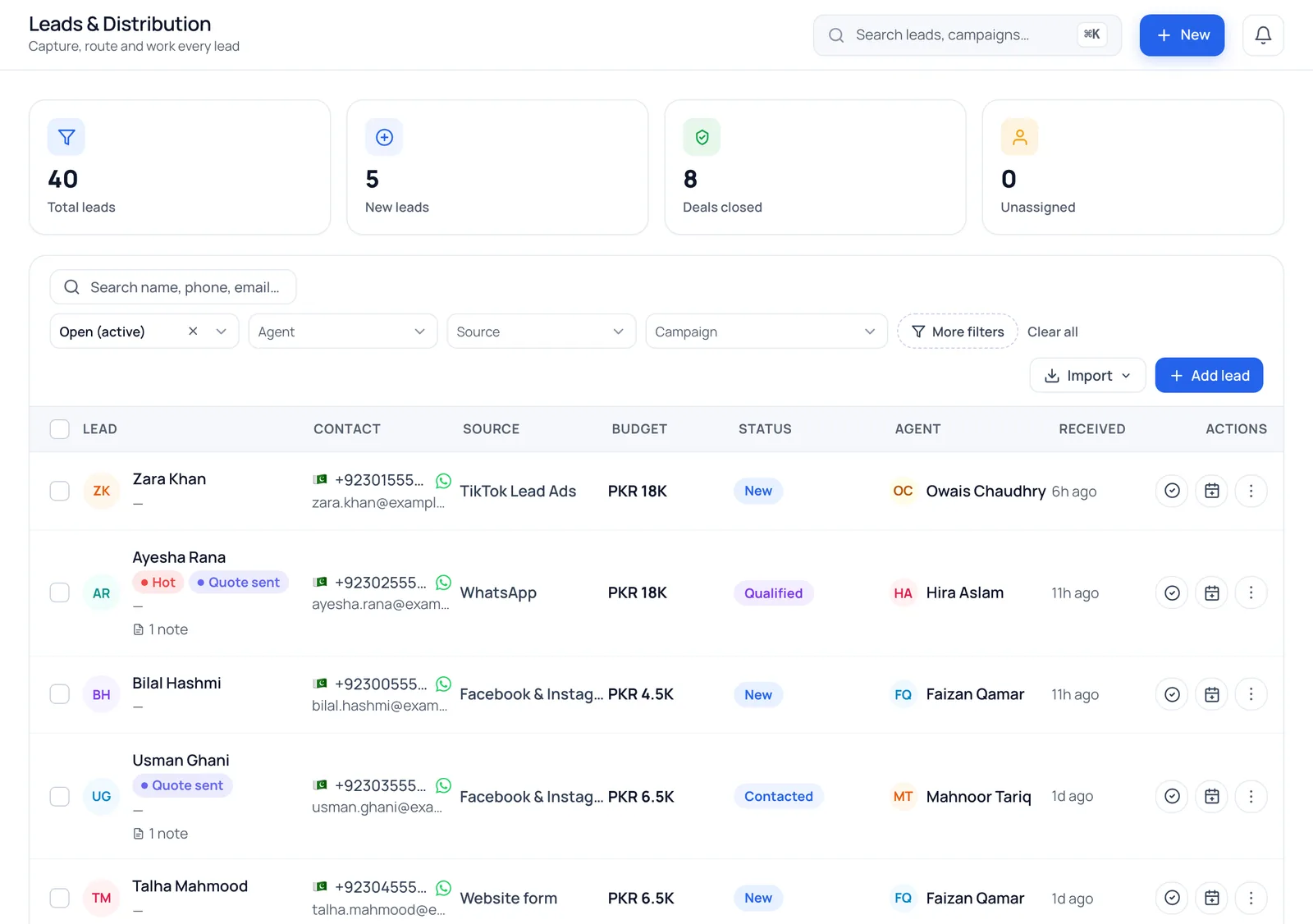 The BrokLeads lead list of a home-services team that imported leads appear in (demo data)