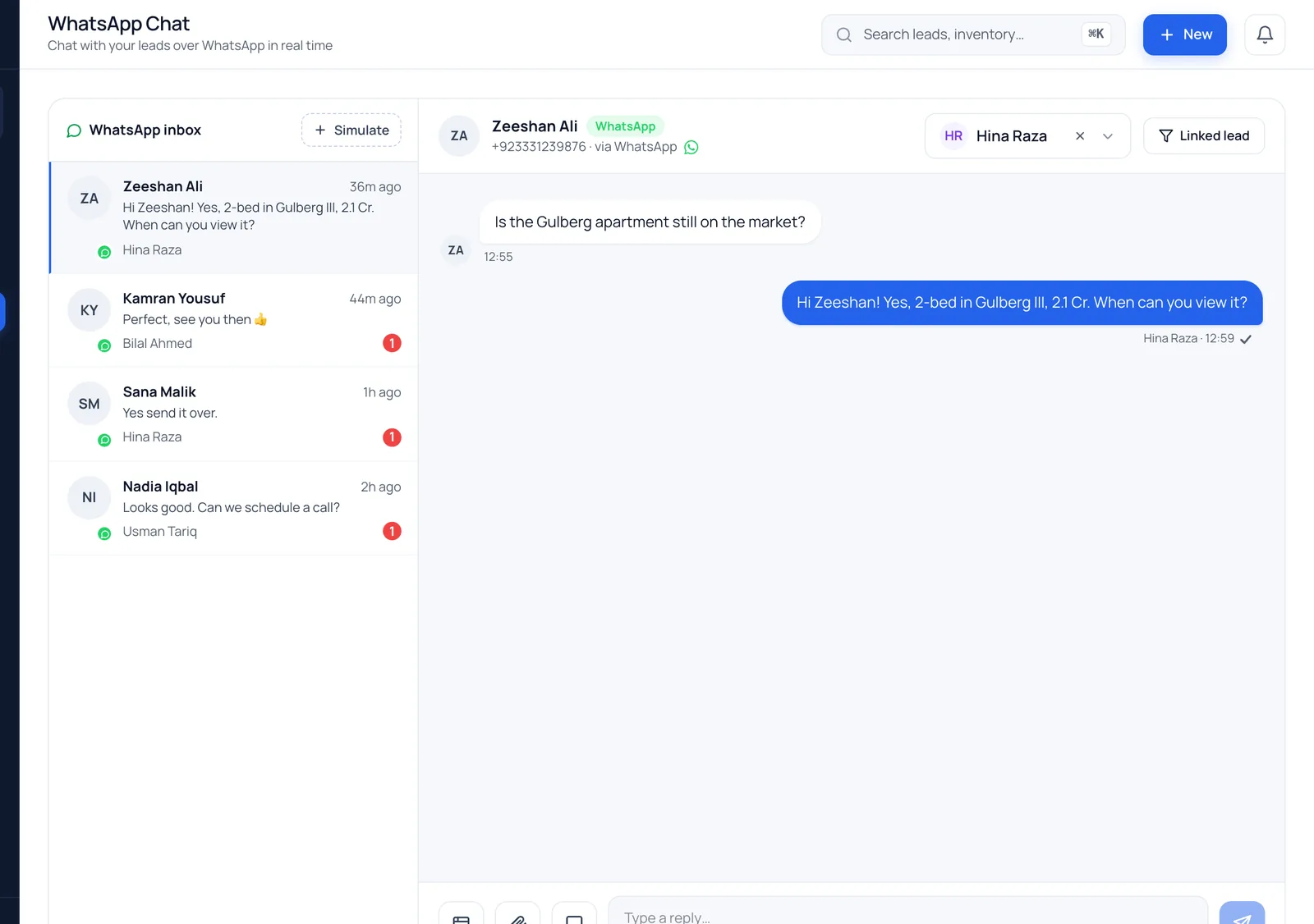 WhatsApp conversations with buyers in the BrokLeads inbox