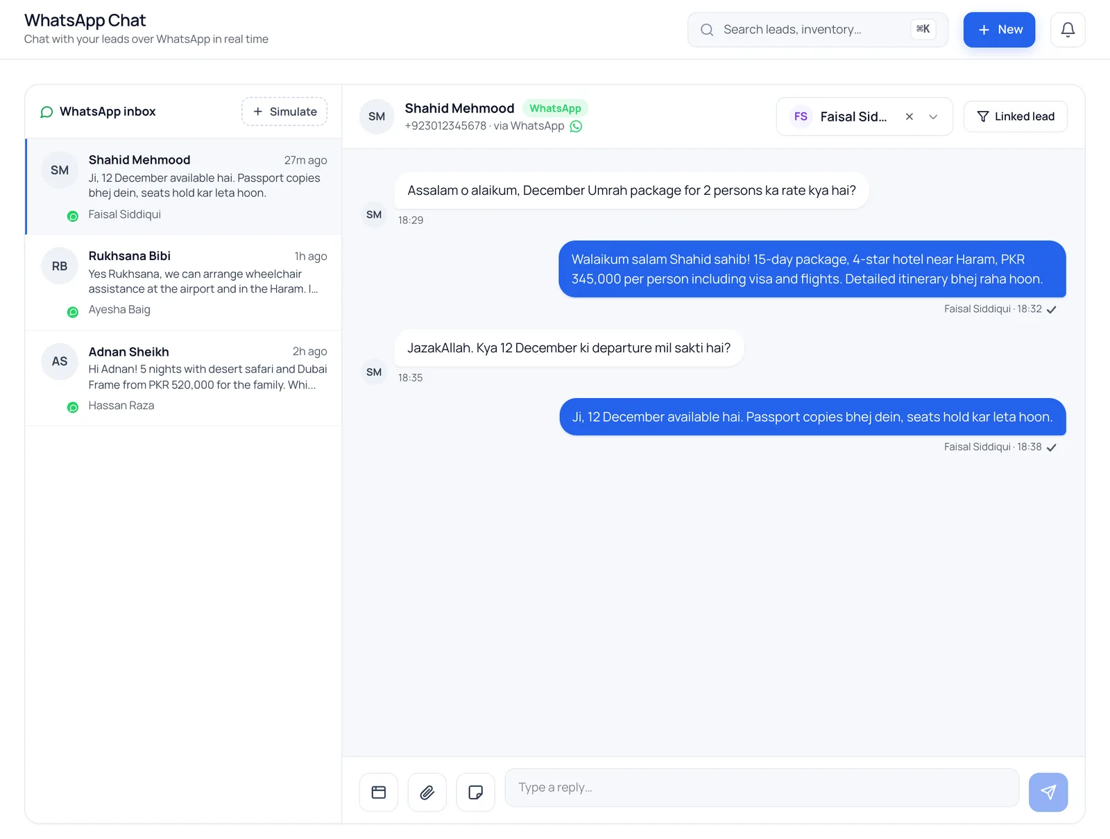 A travel agency's WhatsApp conversations about Umrah and holiday packages in BrokLeads (demo data)