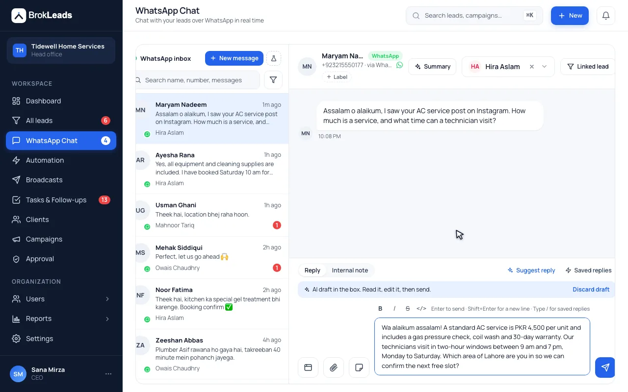 The BrokLeads WhatsApp inbox: a customer asks about an AC service, "Suggest reply" puts a drafted answer with the FAQ price and visit hours into the message box, the agent adds the customer's name and presses Send (demo data)